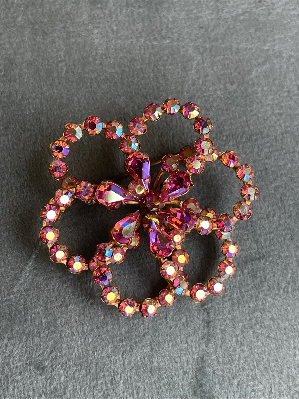 Vintage Pink Crystal AB Floral Brooch - Women Costume Jewelry